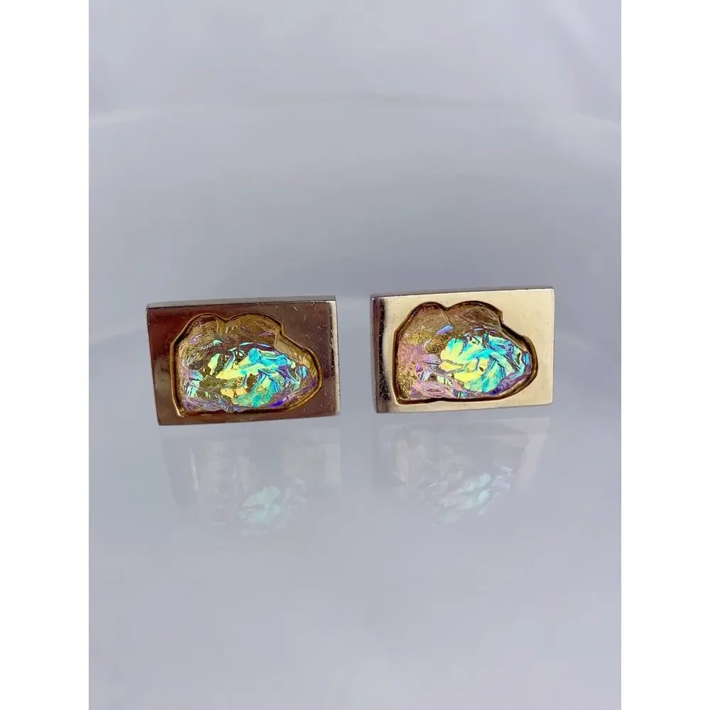 Dichroic Art Glass Nugget Gold Tone Cufflinks Molded Foster Iridescent Vintage